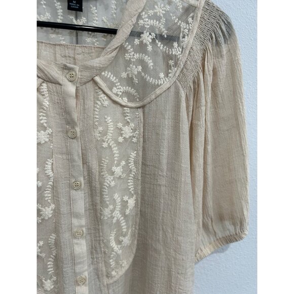 Cynthia Rowley Embroidered Lace Button Front Blouse Beige Sz Medium Floral Boho - Picture 4 of 10